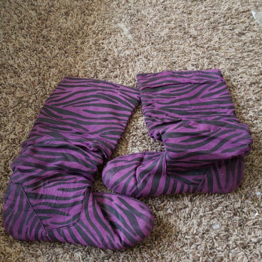 Purple and black zebra boots
